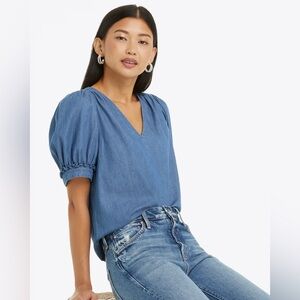 Draper James Heidi V-Neck Chambray Denim Puff Sleeve Top L
